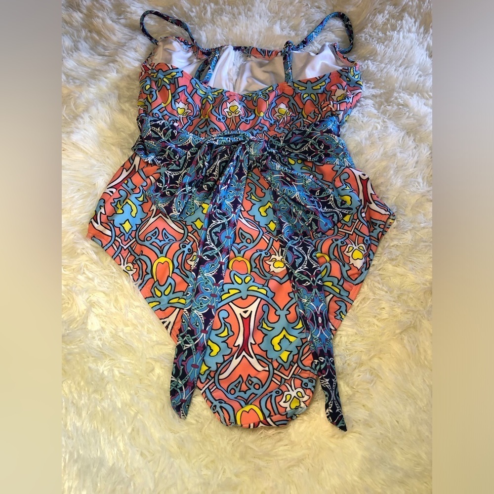 VENUS Blue and Pink One Piece Swimsuit with Decorative Waist Tie NWOT - Picture 3 of 14